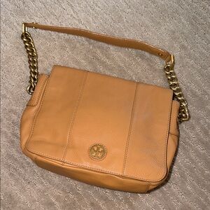 Tory Burch Cognac Pebbled Leather Shoulder Bag with Gold Chain